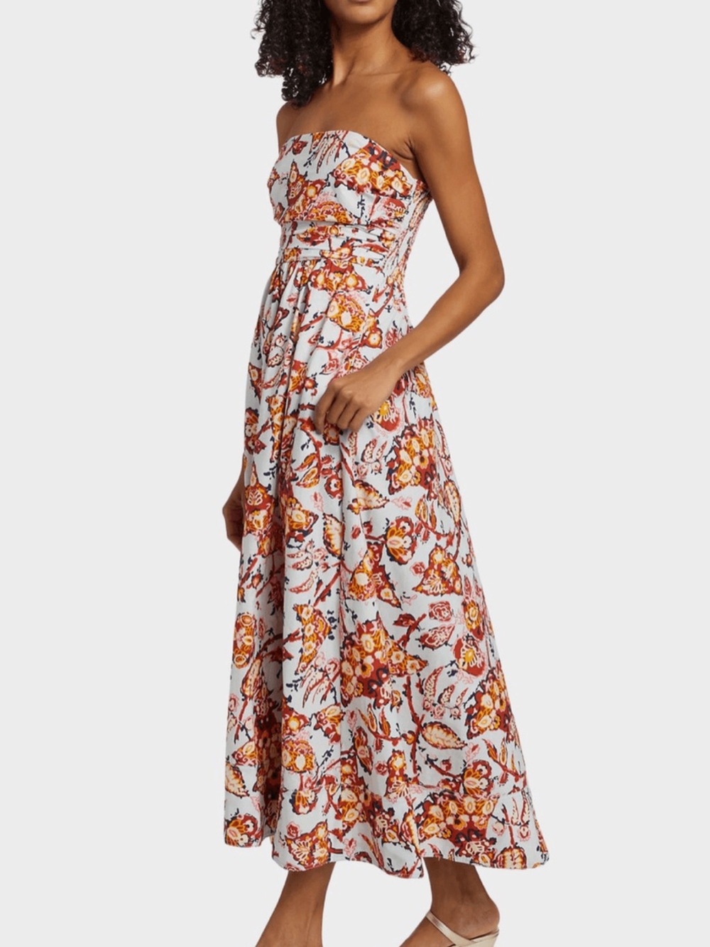 A.L.C. Floral Midi Dress in White with Yellow and Brown Print